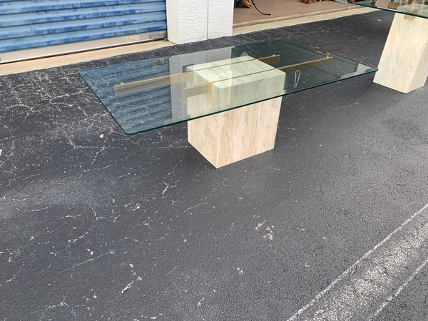 Italian Travertine, Brass and Glass Coffee Table attributed to Artedi