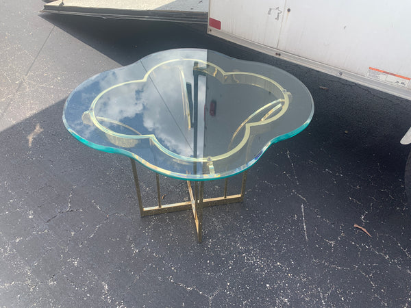 Hollywood Regency Clover Cloud Glass and Gold Side /end Table