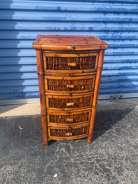 Vintage Burnt Bamboo Rattan table/nightstand 5 drawers cabinet.