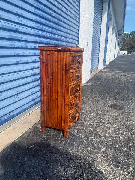 Vintage Burnt Bamboo Rattan table/nightstand 5 drawers cabinet.