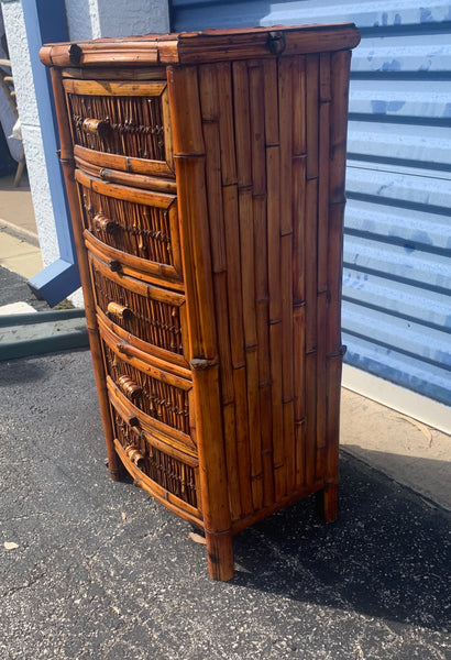 Vintage Burnt Bamboo Rattan table/nightstand 5 drawers cabinet.