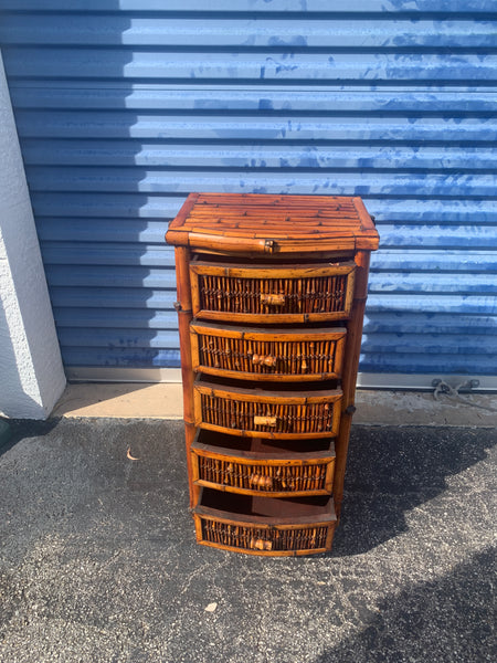 Vintage Burnt Bamboo Rattan table/nightstand 5 drawers cabinet.