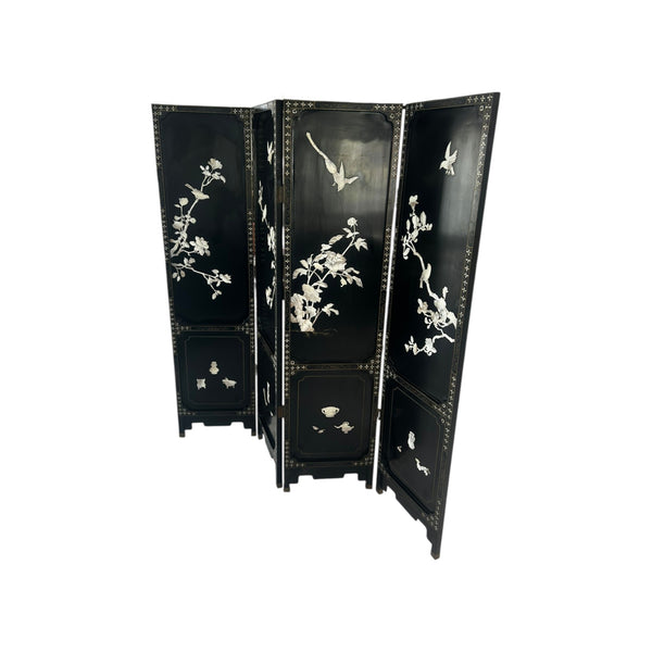 Chinoiserie Black Lacquer Mother of Pearl Chinese Room divider Screen