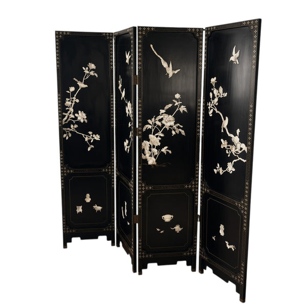 Chinoiserie Black Lacquer Mother of Pearl Chinese Room divider Screen