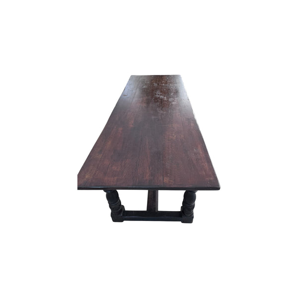 19th Century English Oak Refectory Dining Table with Carved Apron / Turned legs