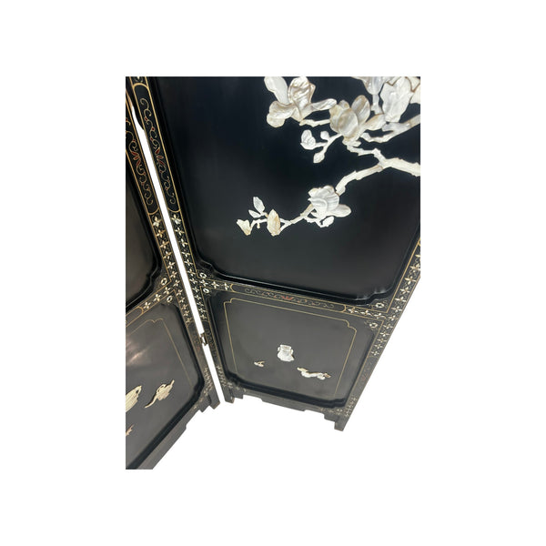 Chinoiserie Black Lacquer Mother of Pearl Chinese Room divider Screen