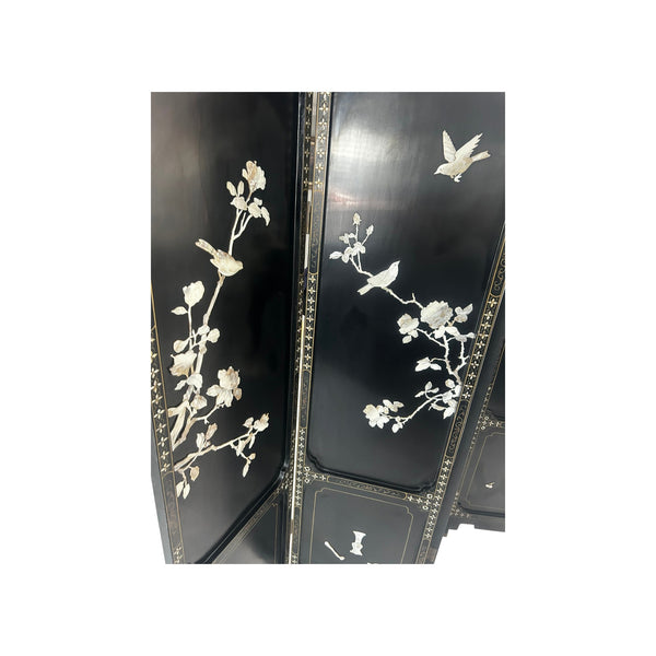 Chinoiserie Black Lacquer Mother of Pearl Chinese Room divider Screen