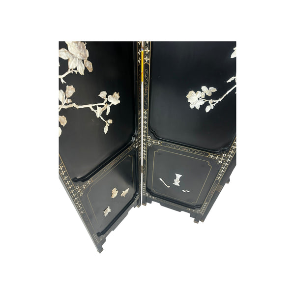 Chinoiserie Black Lacquer Mother of Pearl Chinese Room divider Screen
