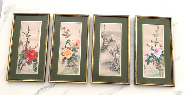 Lot of 4 vintage Chinese paintings on fabric framed.