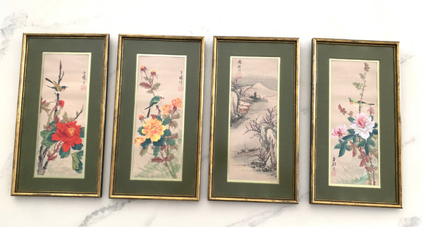 Lot of 4 vintage Chinese paintings on fabric framed.