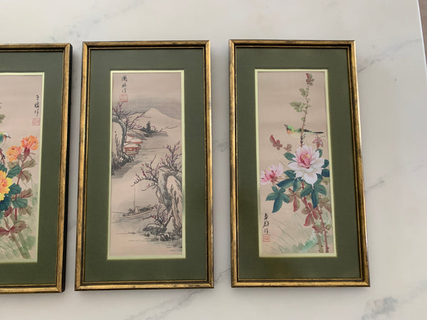 Lot of 4 vintage Chinese paintings on fabric framed.