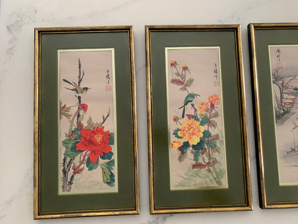 Lot of 4 vintage Chinese paintings on fabric framed.