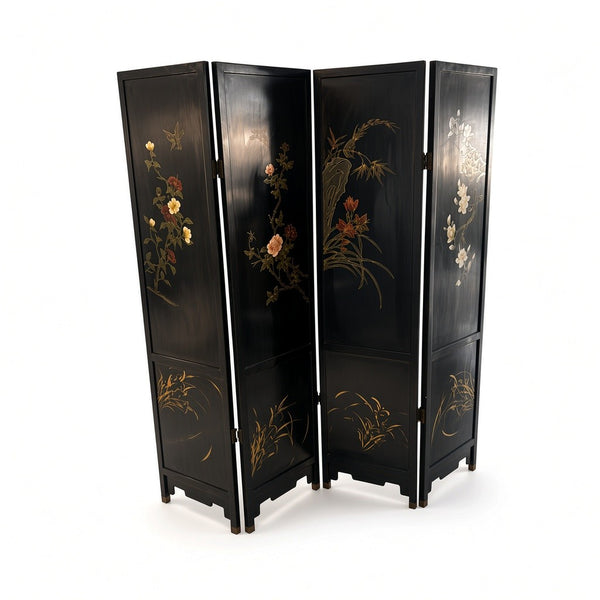 Chinoiserie Black Lacquer Mother of Pearl Chinese Room divider Screen