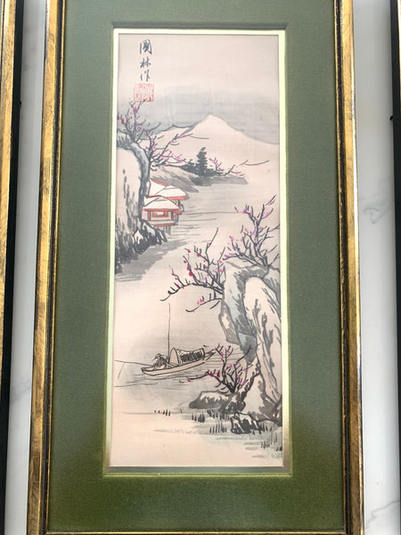 Lot of 4 vintage Chinese paintings on fabric framed.