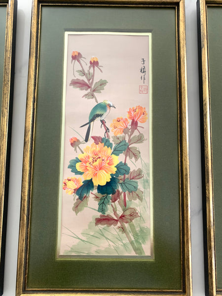 Lot of 4 vintage Chinese paintings on fabric framed.