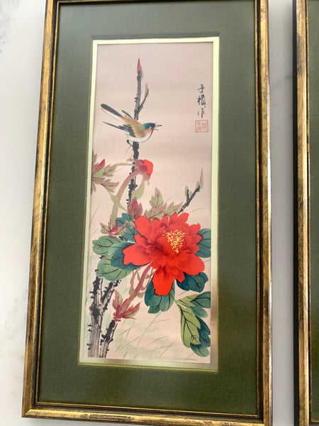 Lot of 4 vintage Chinese paintings on fabric framed.