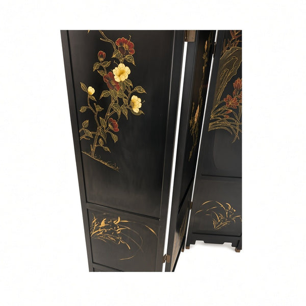 Chinoiserie Black Lacquer Mother of Pearl Chinese Room divider Screen