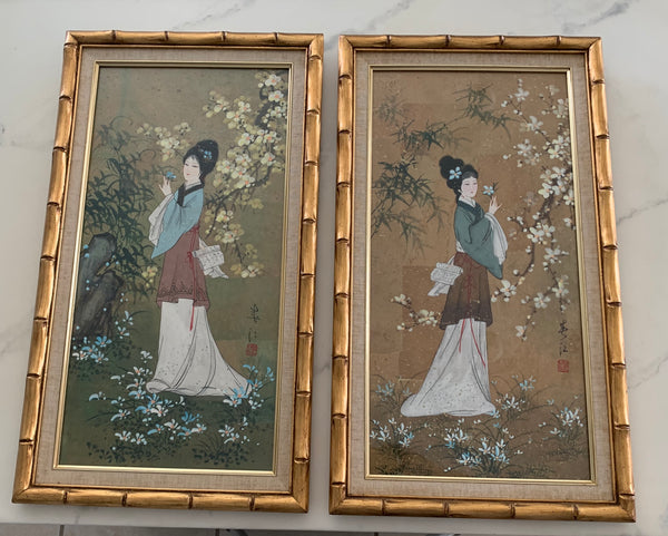 Pair of Oriental Geishas girls Paintings on Cork Signed w faux bamboo gold frame