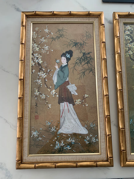 Pair of Oriental Geishas girls Paintings on Cork Signed w faux bamboo gold frame