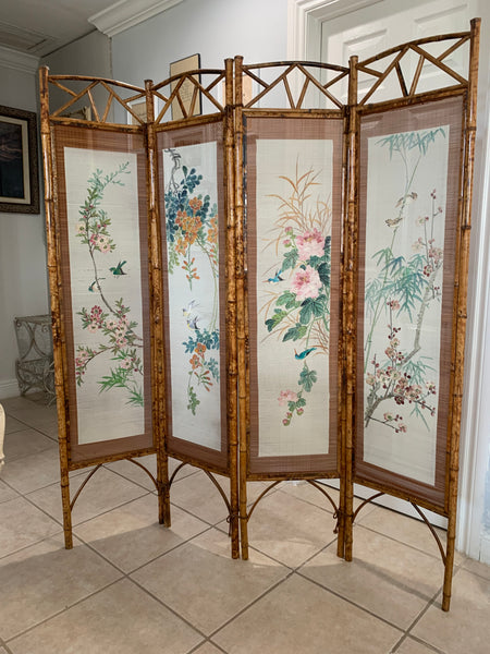 Hand Painted 4 Panel Burnt Rattan Chinese Folding Screen