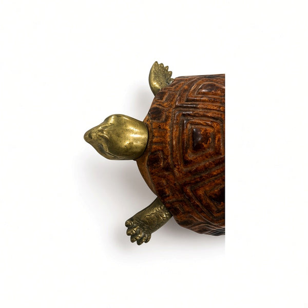 Mid-Century Italian Carved Wood and Brass Turtle Sculpture by Sarreid LTD, 1970s