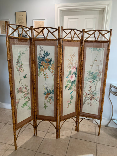 Hand Painted 4 Panel Burnt Rattan Chinese Folding Screen