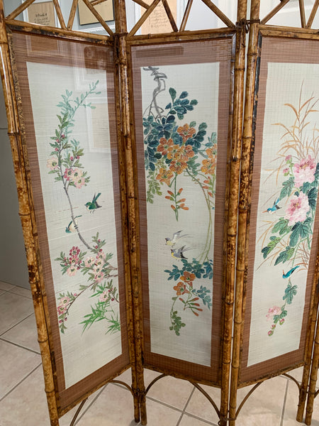 Hand Painted 4 Panel Burnt Rattan Chinese Folding Screen