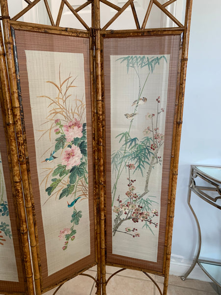 Hand Painted 4 Panel Burnt Rattan Chinese Folding Screen