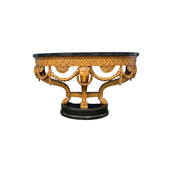 Maitland-Smith Empire Style Ram Heads Tessellated Stone Demilune Console Table