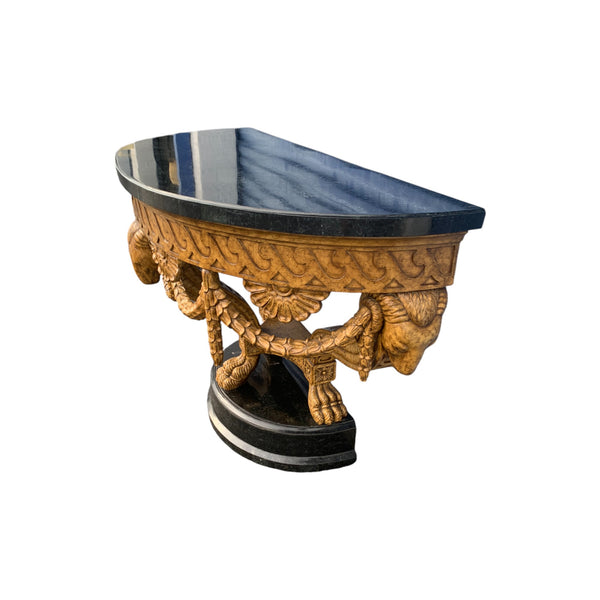 Maitland-Smith Empire Style Ram Heads Tessellated Stone Demilune Console Table