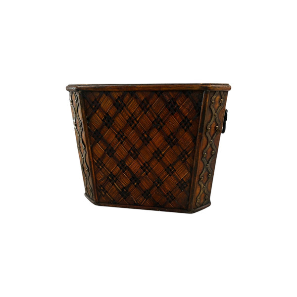 Vintage Bamboo Woven Planter Basket with Brass Accents