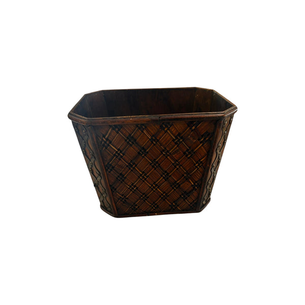 Vintage Bamboo Woven Planter Basket with Brass Accents
