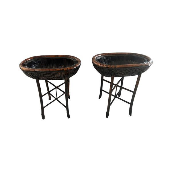 Bamboo Plant Stand with Large Woven Basket Top a Pair