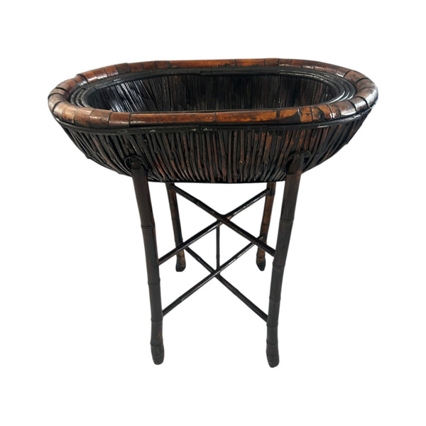Bamboo Plant Stand with Large Woven Basket Top a Pair