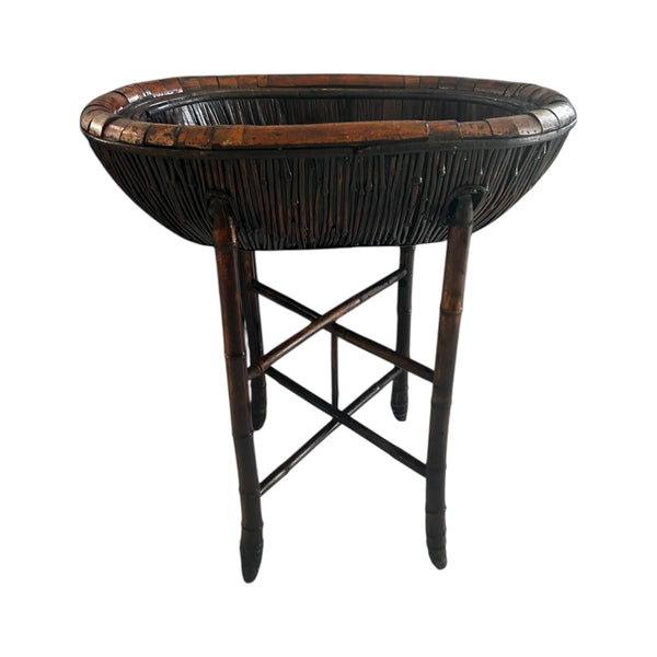 Bamboo Plant Stand with Large Woven Basket Top a Pair