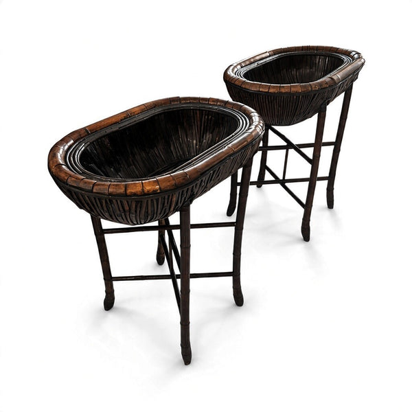 Bamboo Plant Stand with Large Woven Basket Top a Pair