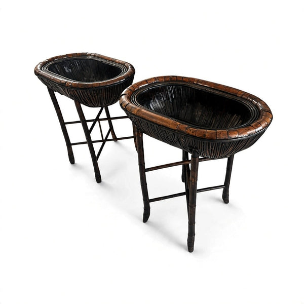 Bamboo Plant Stand with Large Woven Basket Top a Pair