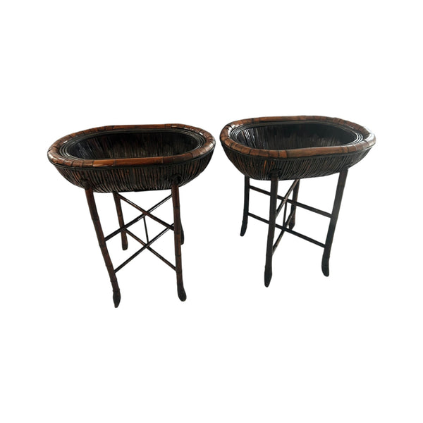 Bamboo Plant Stand with Large Woven Basket Top a Pair