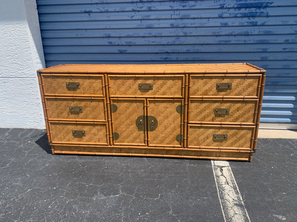 Rattan Dresser by Dixie with Faux Bamboo, Woven Herringbone Wicker & 9 Drawers