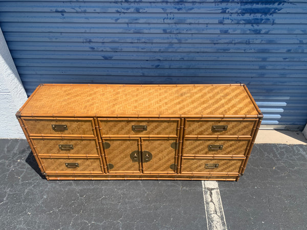 Rattan Dresser by Dixie with Faux Bamboo, Woven Herringbone Wicker & 9 Drawers