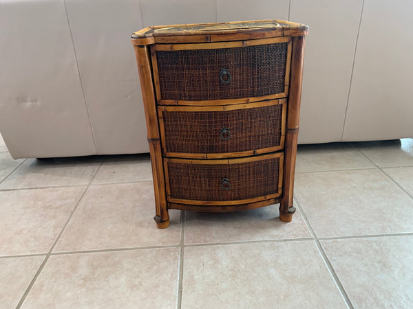 Real burnt bamboo small 3 drawers cabinet /side table with Palms top details.