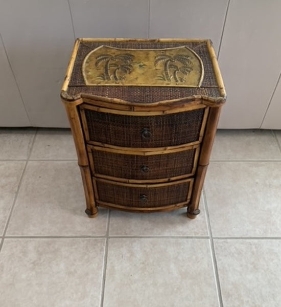 Real burnt bamboo small 3 drawers cabinet /side table with Palms top details.