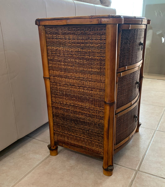 Real burnt bamboo small 3 drawers cabinet /side table with Palms top details.