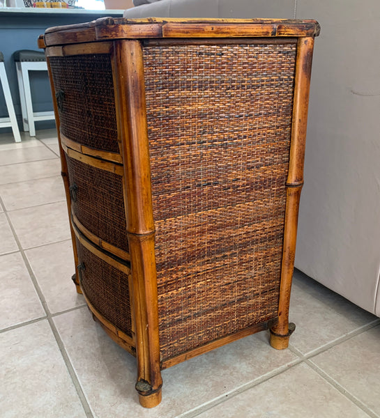 Real burnt bamboo small 3 drawers cabinet /side table with Palms top details.