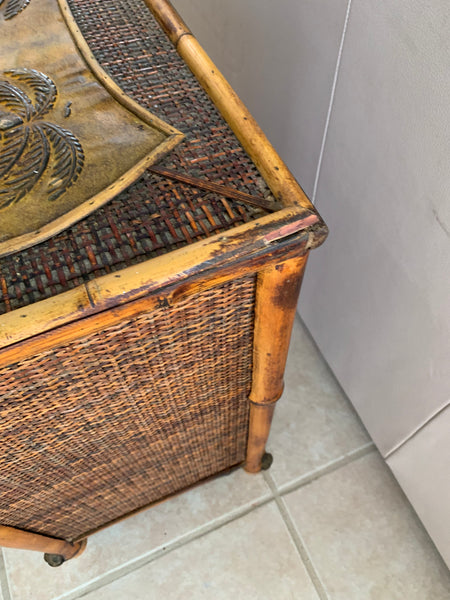 Real burnt bamboo small 3 drawers cabinet /side table with Palms top details.