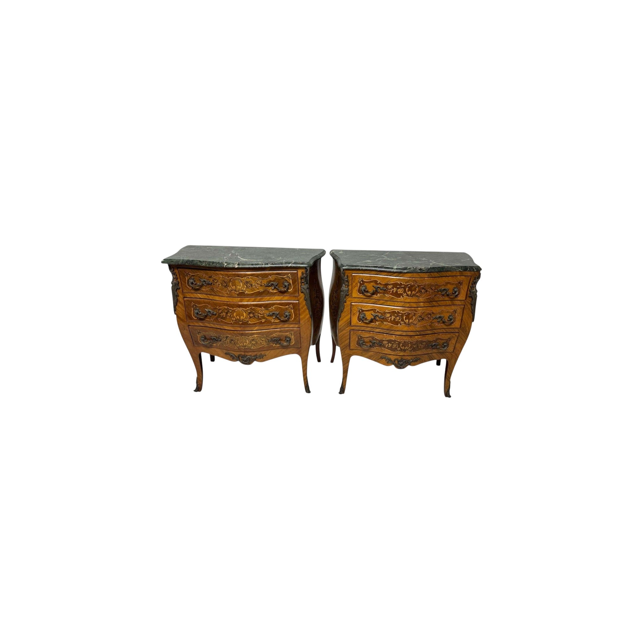 Pair of Marquetry French Bombe Inlaid Chests of 3 Drawers, Louis XV with marble top