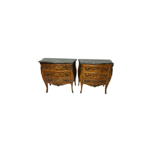 Pair of Marquetry French Bombe Inlaid Chests of 3 Drawers, Louis XV with marble top