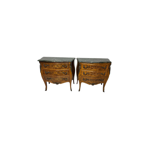 Pair of Marquetry French Bombe Inlaid Chests of 3 Drawers, Louis XV with marble top