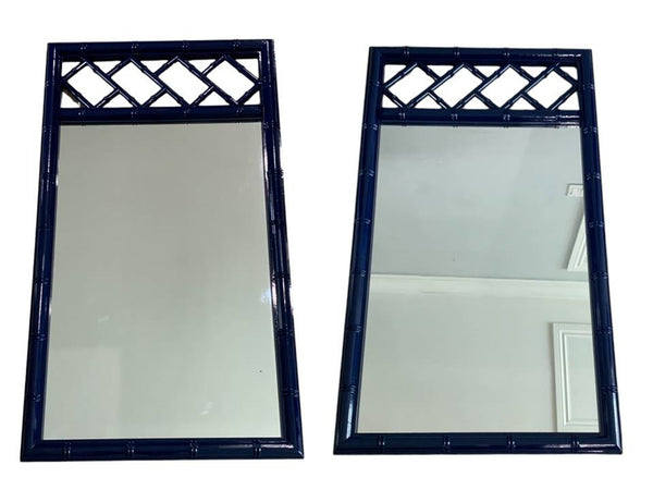 Faux Bamboo Navy Blue Chinoiserie Chippendale Palm Beach Aloha Wall mirrors pair