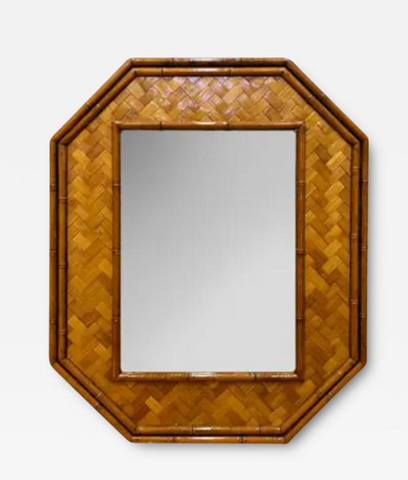 Vintage Faux Bamboo Cane weave Octagonal Mirror Chinoiserie